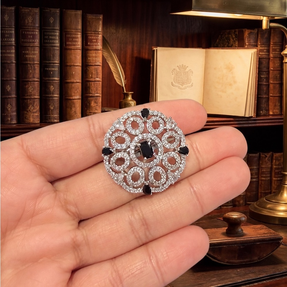 Silver-Tone Black & Clear Crystal Filigree Statement Brooch - Women Jewelry